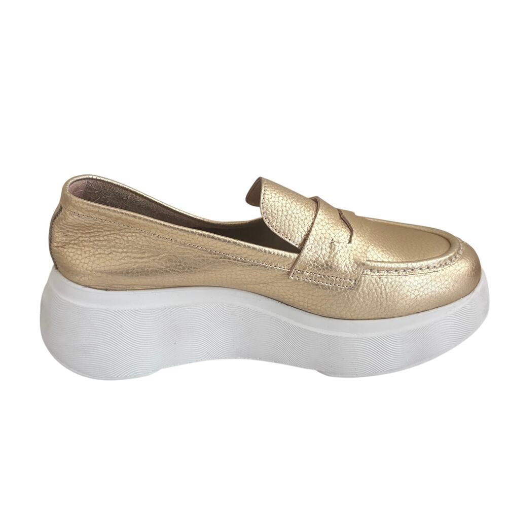 NWT Wonders Spain Estela Metallic Gold Leather Wedge Penny Loafers Slip On